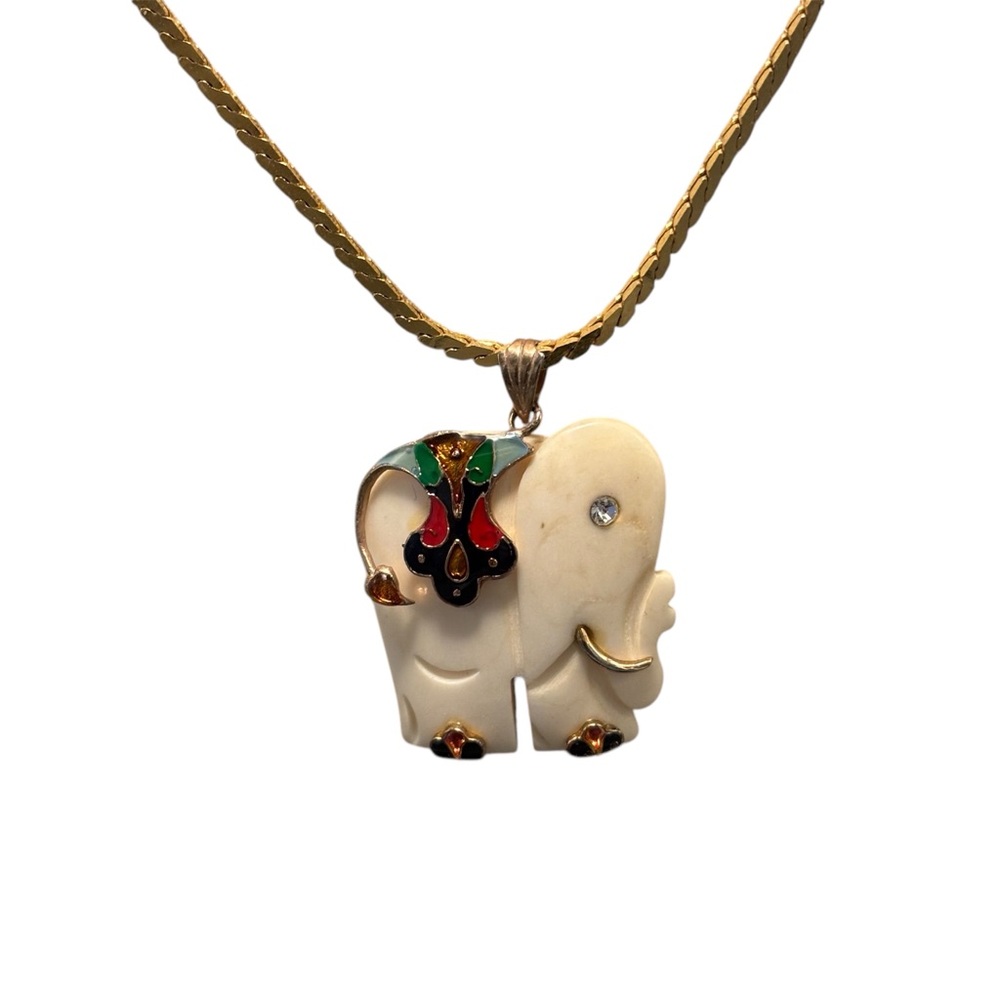 Ivory Color Elephant Pendant with Cloisonné and gemstone